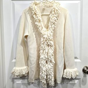 Cardigan Sweater Sz M Loop Fringe Beige Cream Button Closure